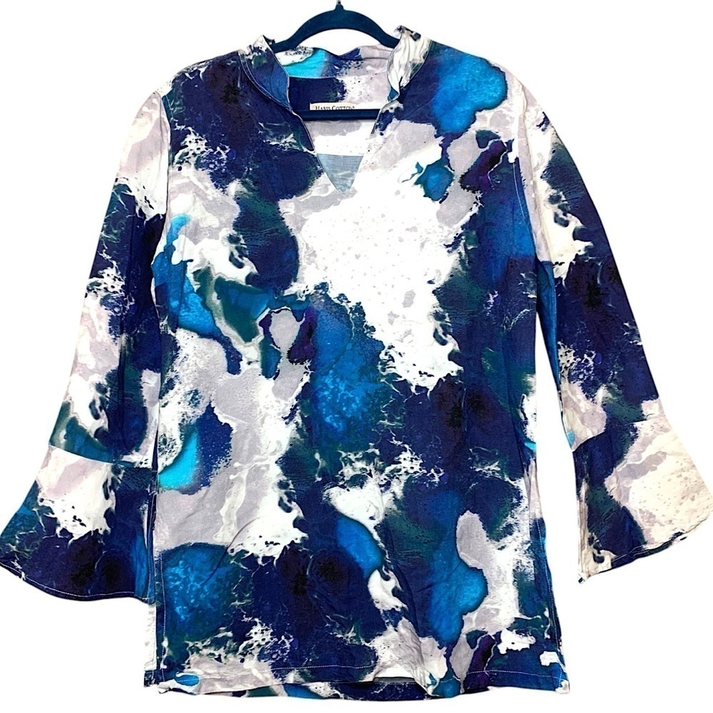 Haris Cotton Tunic Blouse Sz S Linen Blend Blue Water Art Lagenlook Shirt Resort